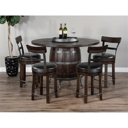 Pemberly Row Round Pub Table Set, Wine Barrel Design with Lazy Susan Storage, Mahogany and Metal Finish, 5-Piece Dining Set, Rustic Counter-Height for Kitchen or Dining Room