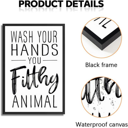 Skiennix Framed Black And White Bathroom Wall Art - Funny "Wash Your Hands" Poster | Modern Minimalist Canvas Print
