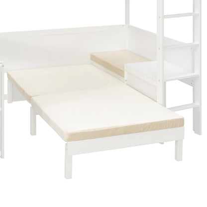 Merax Full Size Loft Bed with Extendable Desk and Lights, Wood Loft Bed Frame with Storage Shelves & Padded Foldable Sofa, Space-Saving Loft Bed for Teens Adults, Dorm Apartment, White