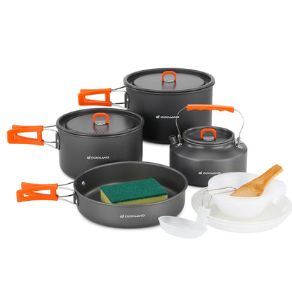 Odoland 15pcs Camping Cookware Non-Stick Lightweight Camping Pots and Pans Set with Kettle Plastic Plates Bowls Soup Spoon for Camping, Backpacking, Outdoor Cooking and Picnic (15PCS w/Kettle)