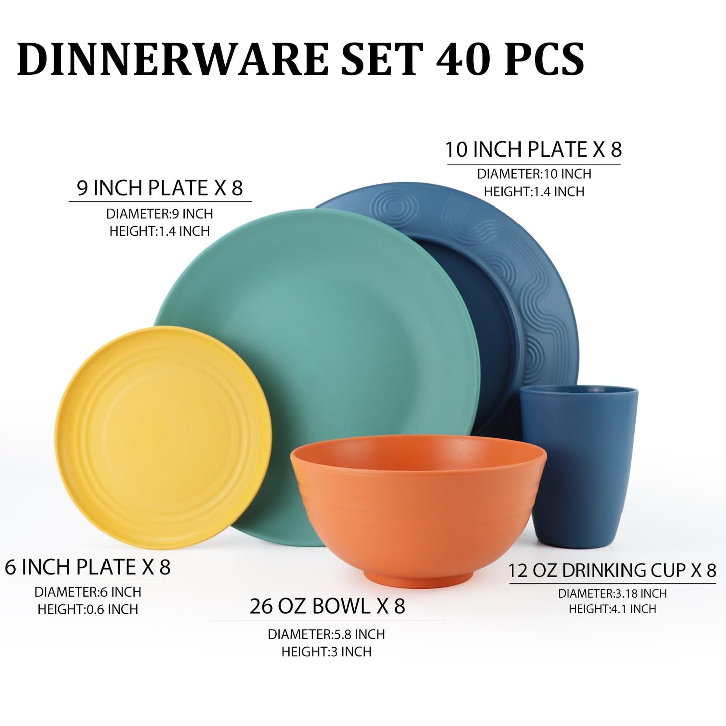Wheat Straw Dinnerware Set 40-Piece Service for 8 Unbreakable Dishes Set Plates and Bowls Sets Drinking Glasses Microwave Safe Dish Set Lightweight Dinnerware Set for Home & Kitchen - Yellow