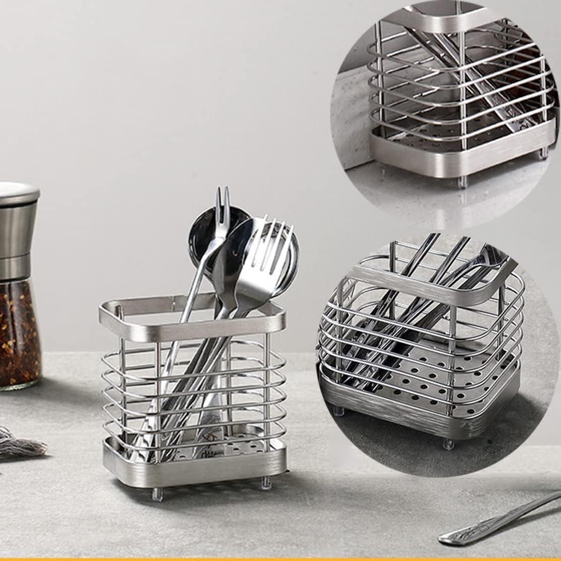 Kitchen Utensil Holder, Stainless Steel Drying Caddy, Rust-Proof Cutlery Organizer for Kitchen Utensils, Silver