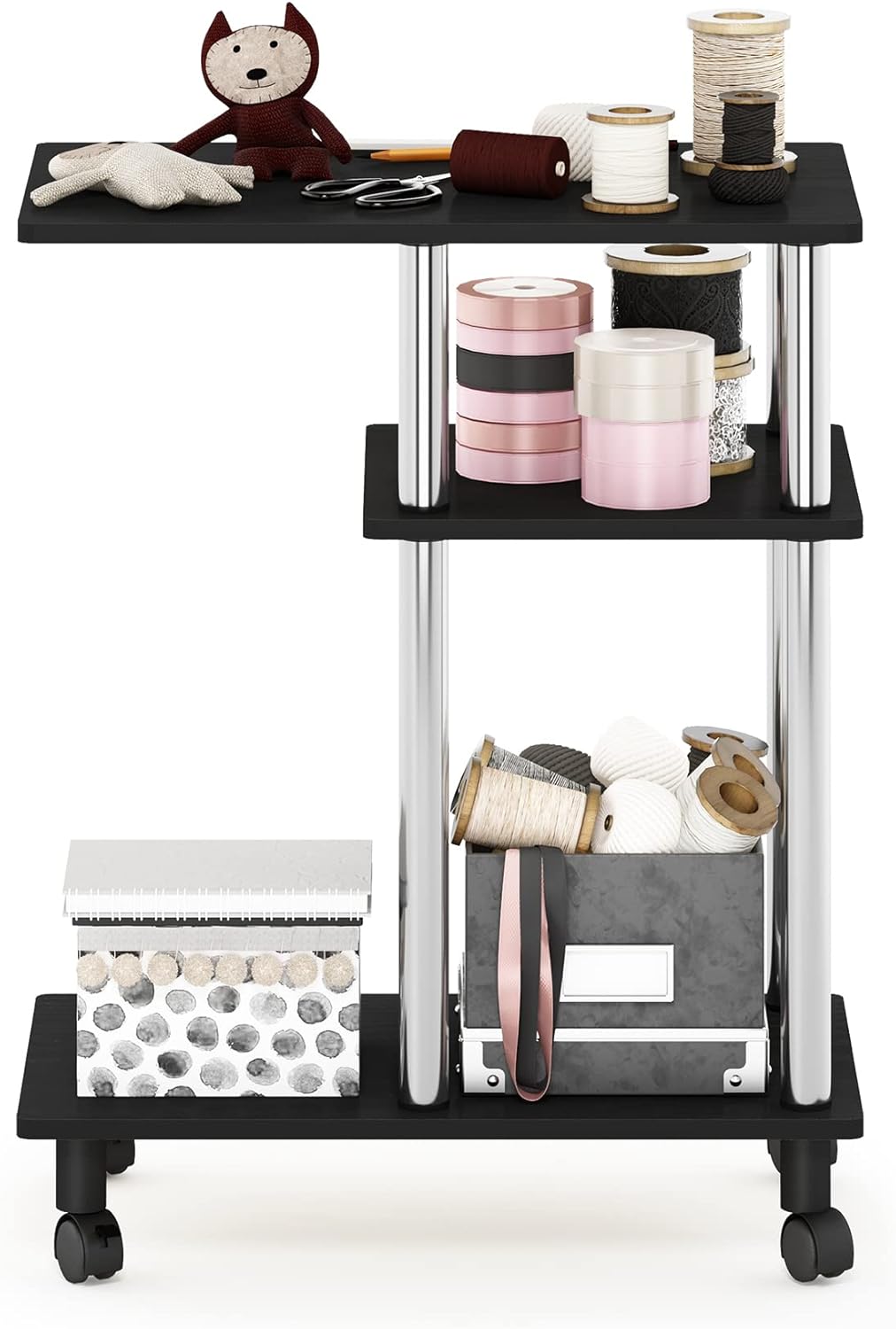 Furinno C-Shaped Rolling Side Table with Open Shelves - Americano & Stainless Steel