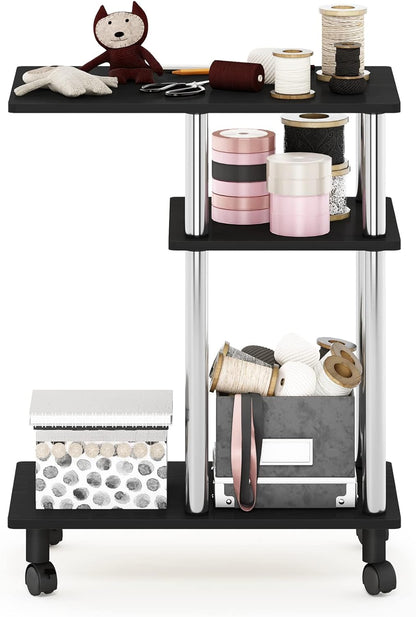 Furinno C-Shaped Rolling Side Table with Open Shelves - Americano & Stainless Steel