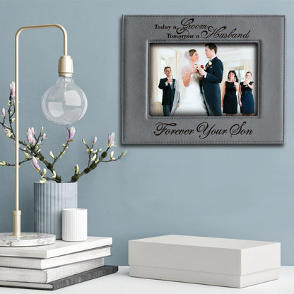 BELLA BUSTA Engraved Leather Picture Frame - Today a GROOM, Tomorrow a HUSBAND, Wedding Gift for Mom and Dad