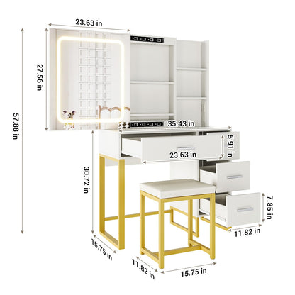 57'' Large Vanity Desk with Mirror & Lights, Makeup Vanity Table with Charging Station,