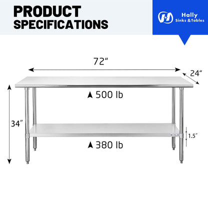 Hally Stainless Steel Table for Prep & Work 24 x 72 Inches, NSF Commercial Heavy Duty Table with Undershelf and Galvanized Legs for Restaurant, Home and Hotel