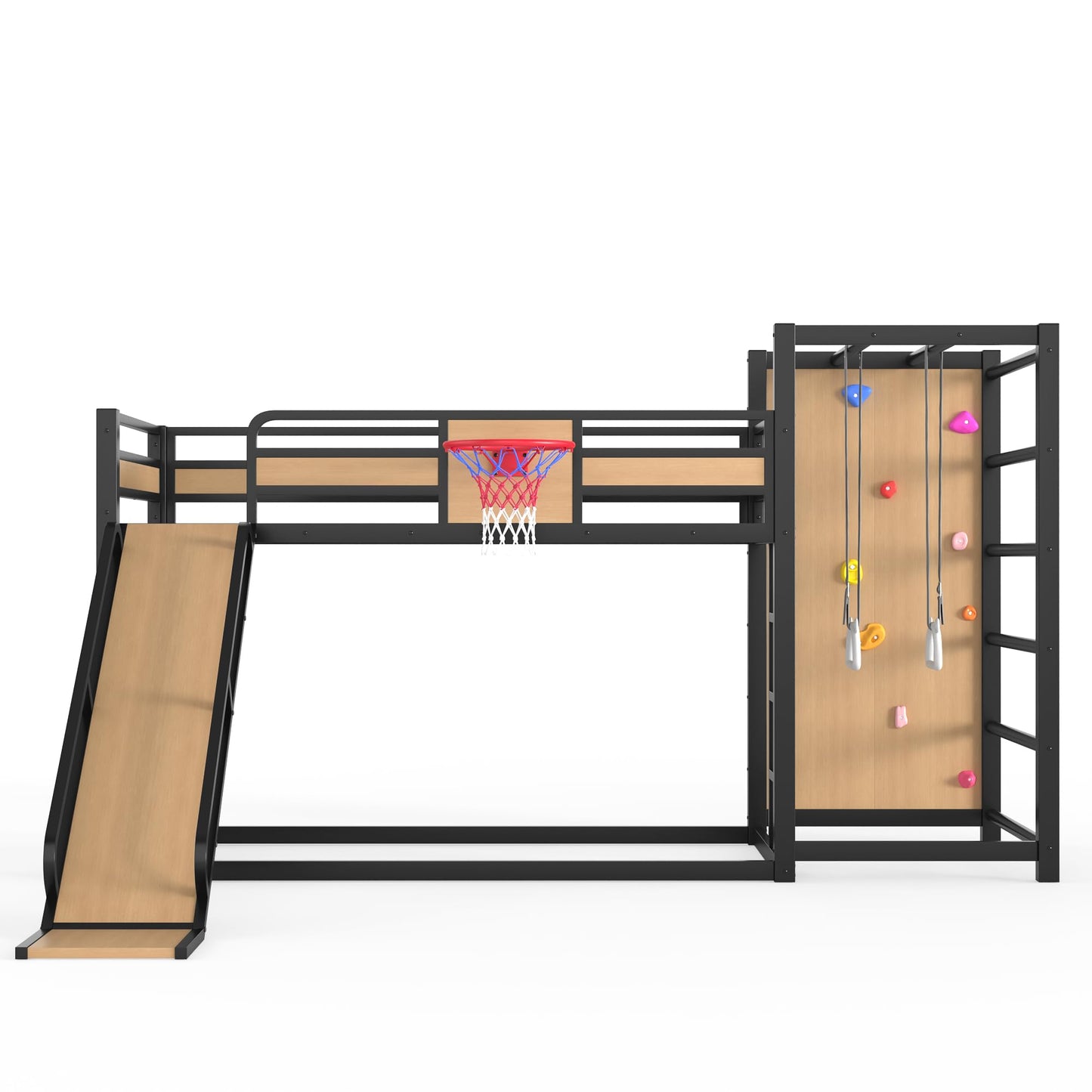 Bellemave Metal Twin Over Twin Bunk Bed Frame with Slide,Twin Size Floor Bunk Bed and Basketball Hoop,Pull-up Rings and Climbing Wall,Heavy Duty Bunk Beds with Bookshelves for Kids Girls Boys,Natural