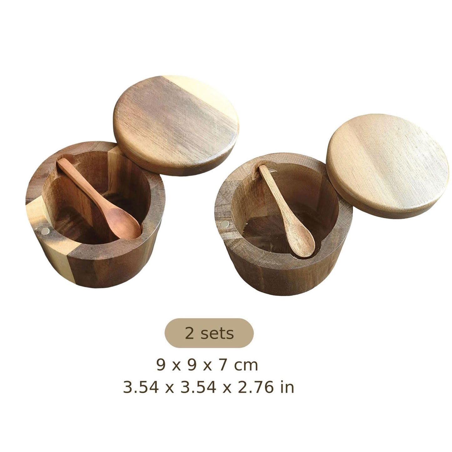 ZALIR 2 Pcs Acacia Wood Salt Cellars, Built-in Spoons, Secure-Clasp Lids, Single & Double Compartment Spice Containers, Dustproof Moisture-proof Seasoning Storage for Kitchen, 3.54 x 3.54 x 2.76 in