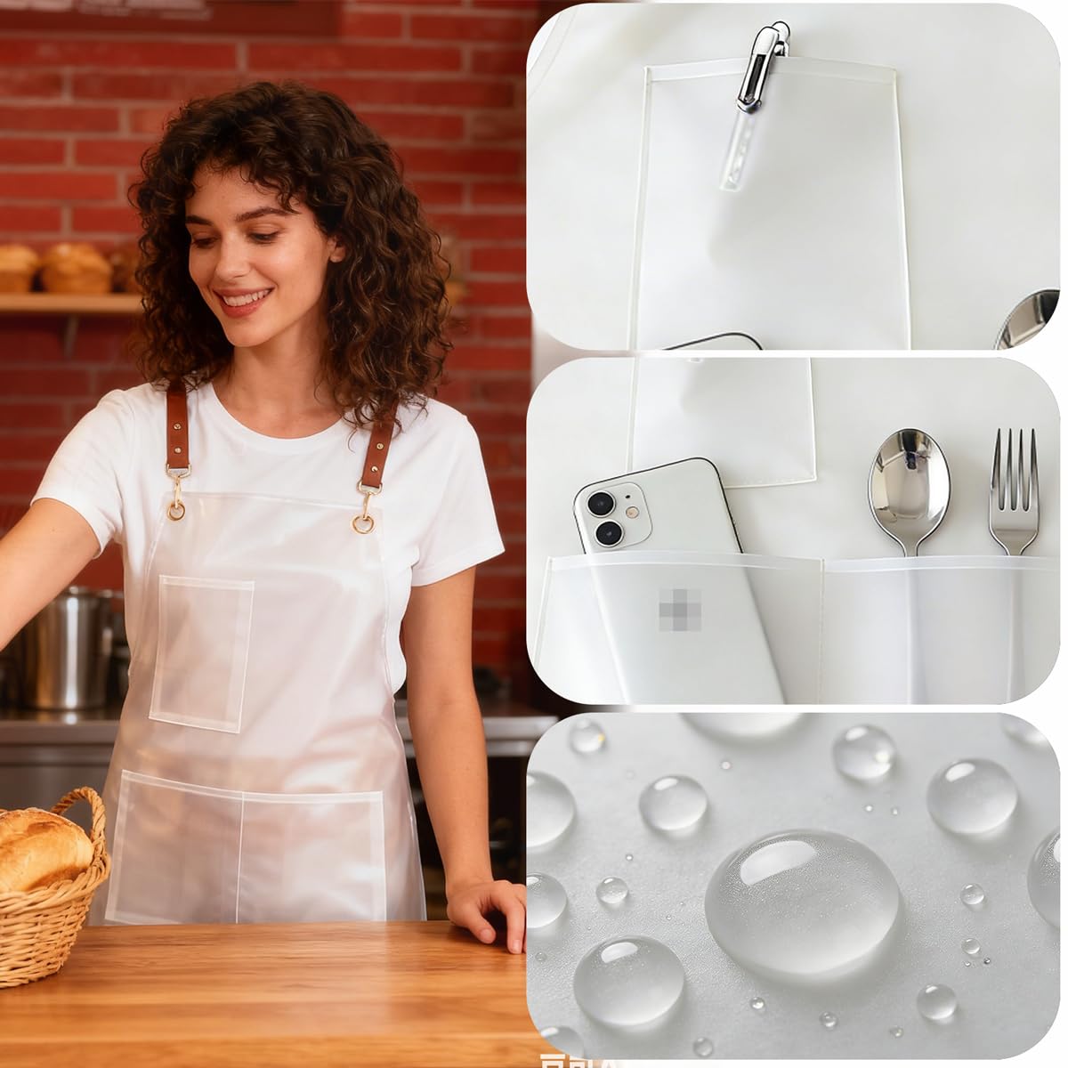 FunFlare 2 Pack Waterproof Translucent Apron with Large Pockets,Cross Back Apron Cooking Apron for Dishwashing, Cleaning Fish, Gardening, Lab Work, Butcher and Dog Grooming(White&Brown)