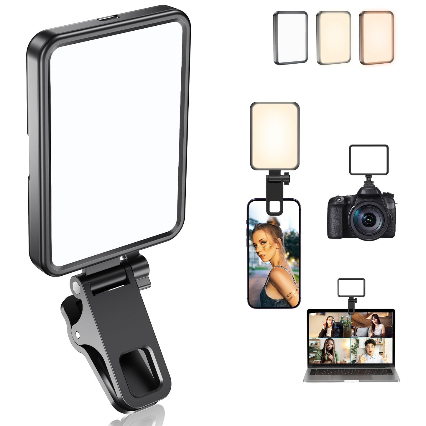 Rechargeable Soft Selfie Light for Phone, Camera, Laptop, 4-14H Battery Portable LED Light for Pictures, Phone Light Clip for Selfie, Vlog, TikTok, Makeup, Video Conference Black