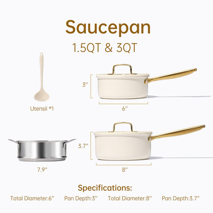 CAROTE 1.5Qt & 3.0Qt Stainless Steel Saucepan Set with Steamer & Ladle, Non-Toxic 3-Ply Stainless Steel Pot with Lids, Small Pots for Cooking, Oven Safe, Induction Compatible Cookware