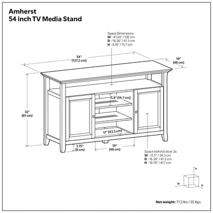 SIMPLIHOME Amherst TV Stand - 54 inch Wide Solid Wood Media Console in Deep Black, Transitional Entertainment Center for Living Room for TVs up to 60 Inches with Shelves and Cable Management