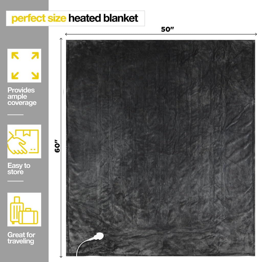 Medical king Heated Blanket, Machine Washable Extremely Soft & Comfortable Electric Blanket Throw Fast Heating with Hand Controller 10 Heating Settings & auto Shut-Off (Gray, 50 x 60)