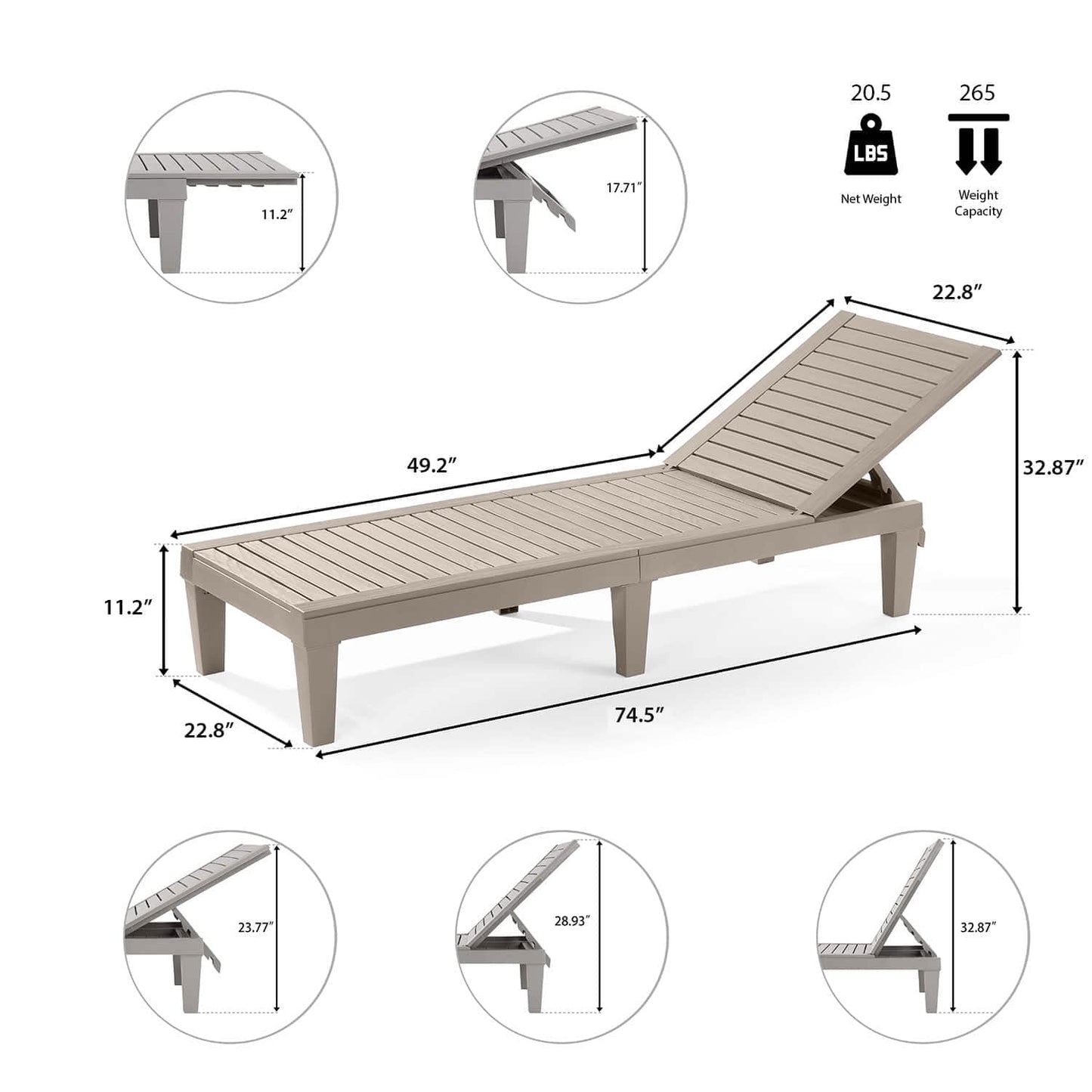 Nestl Sun Tanning Chair - Sand Beige Chaise Lounge Chair Outdoor, Lightweight Pool Lounge Chairs Set of 12, Adjustable 5-Position Reclining Lawn Chair, Waterproof Beach Outdoor Lounge Chairs