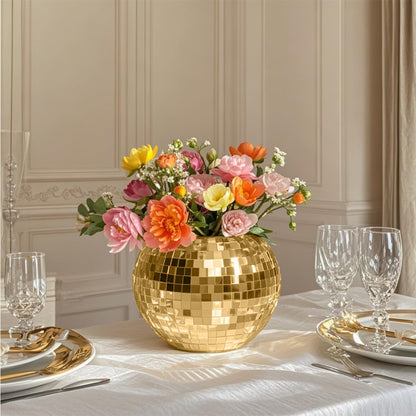 Disco Ball Vase Gold Mosaic Glass Mirror Ball Planter Disco Ball Planter for Centerpieces Disco Ball Decor Flower Vase with Silver Mirror Glass for Wedding Party Birthday, Disco Decor (5" X 6")