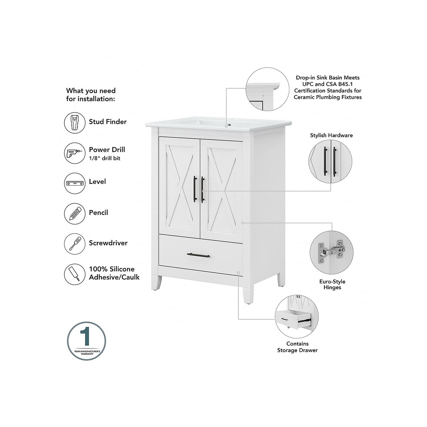 Bush Home Key West 48W Double Vanity Set with Sinks, Medicine Cabinets and Linen Tower in White Ash
