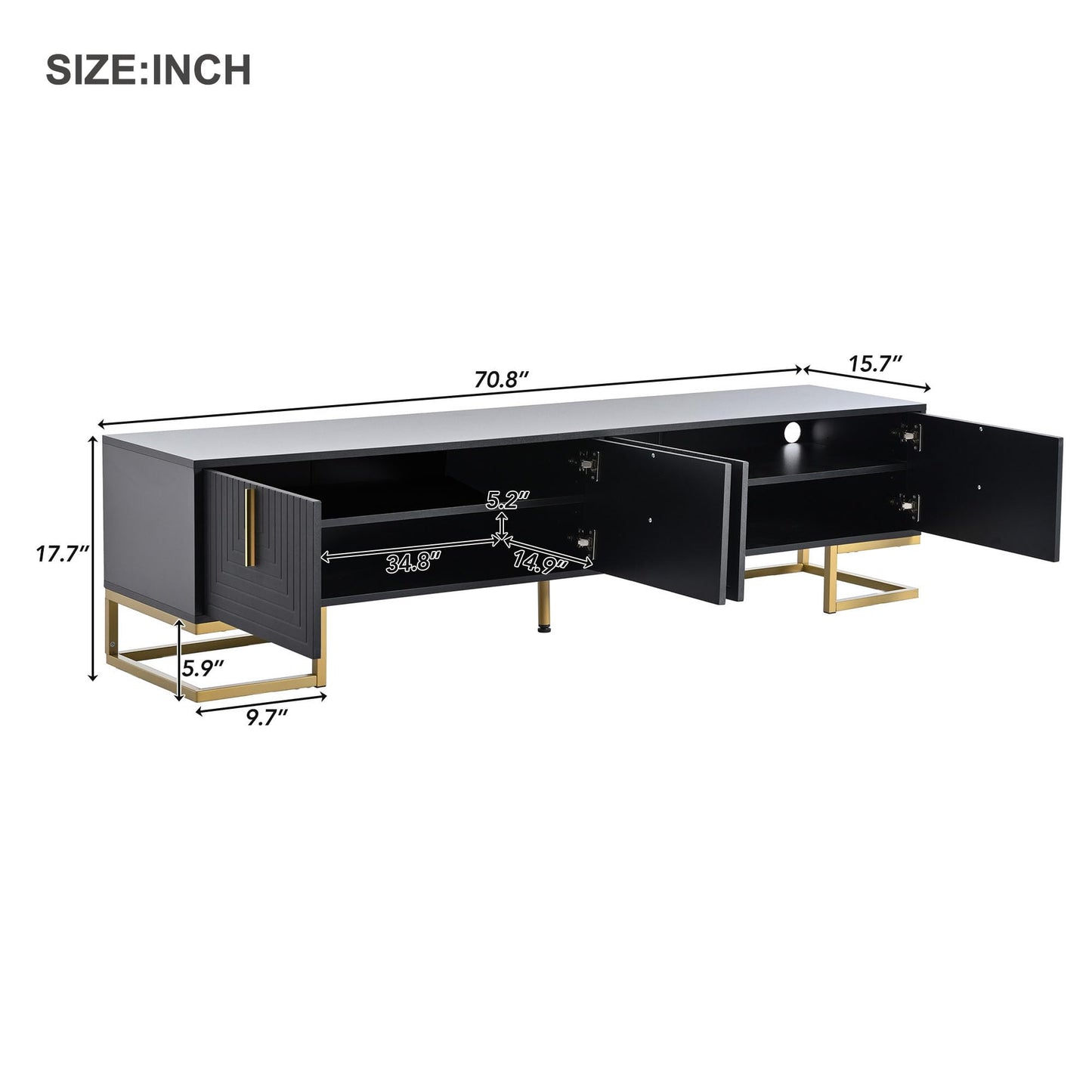 Merax Modern TV Stand with Metal Legs, Gold Handles, Geometric Lines and Adjustable Shelves for TVs Up to 80'', Media Console Table, Luxury Storage Cabinets for Living Room, Black