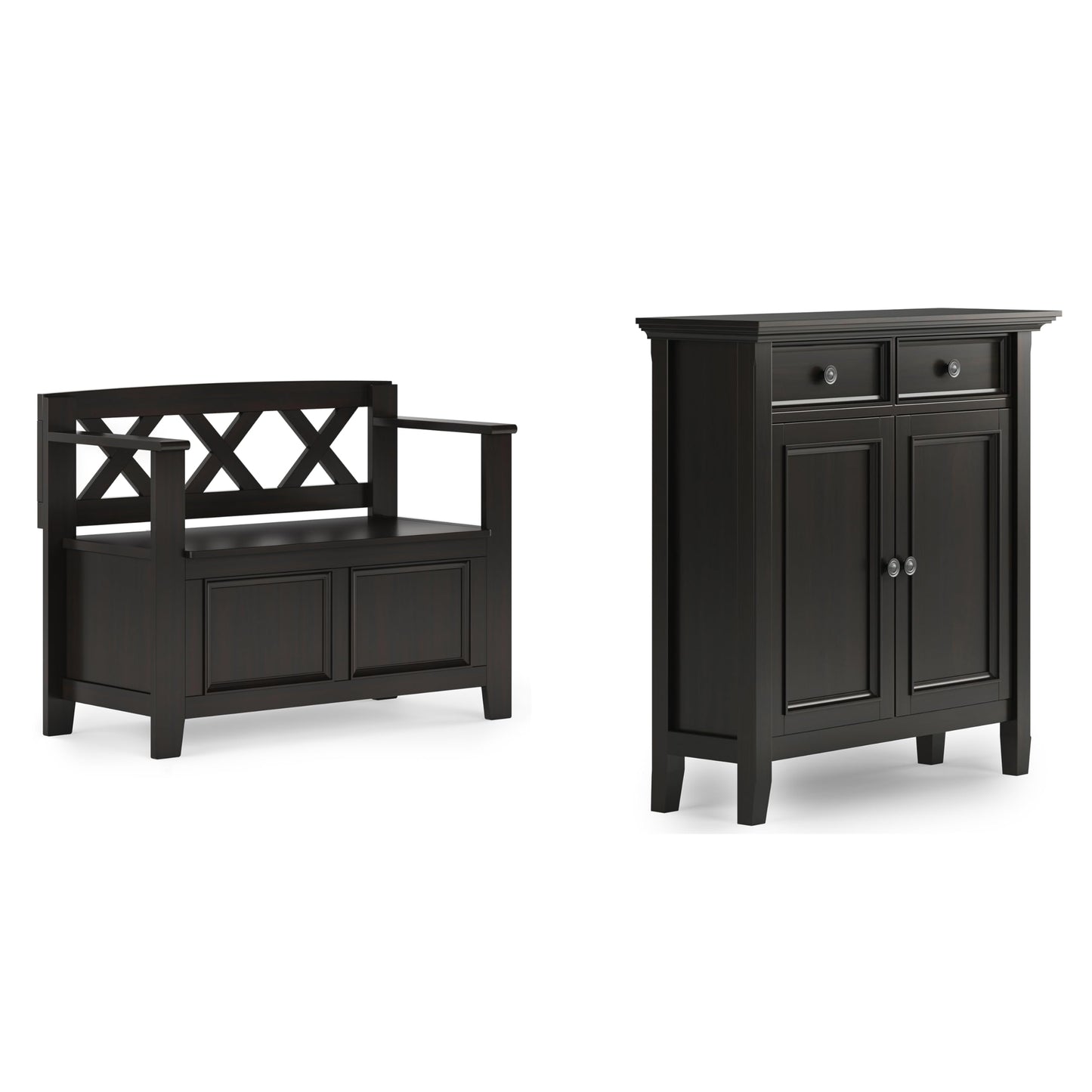 SIMPLIHOME Amherst Solid Wood 36 inch Wide Small Storage Bench and 36 inch Wide Storage Cabinet in Hickory Brown for the Living Room, Entryway, and Family Room, Transitional Style
