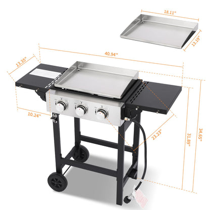 GRILL DEPOTS Gas Grill Griddle Combo with 3 Burners - Propane Grill on Cart - Stainless Steel 30,000 BTU -Camping Grill with 2 Foldable Tables, Cover - Outdoor Cooking Station for BBQ Backyard