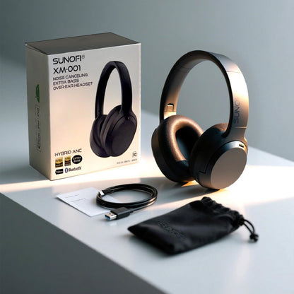 SunoFi Hybrid Active Noise Cancelling Headphones, Wireless Over Ear Bluetooth Headphones with Mic, 60H Playtime, Hi-Res Audio, Deep Bass, Foldable Comfort Fit Ear Cups for Travel, Office, Home (Black)
