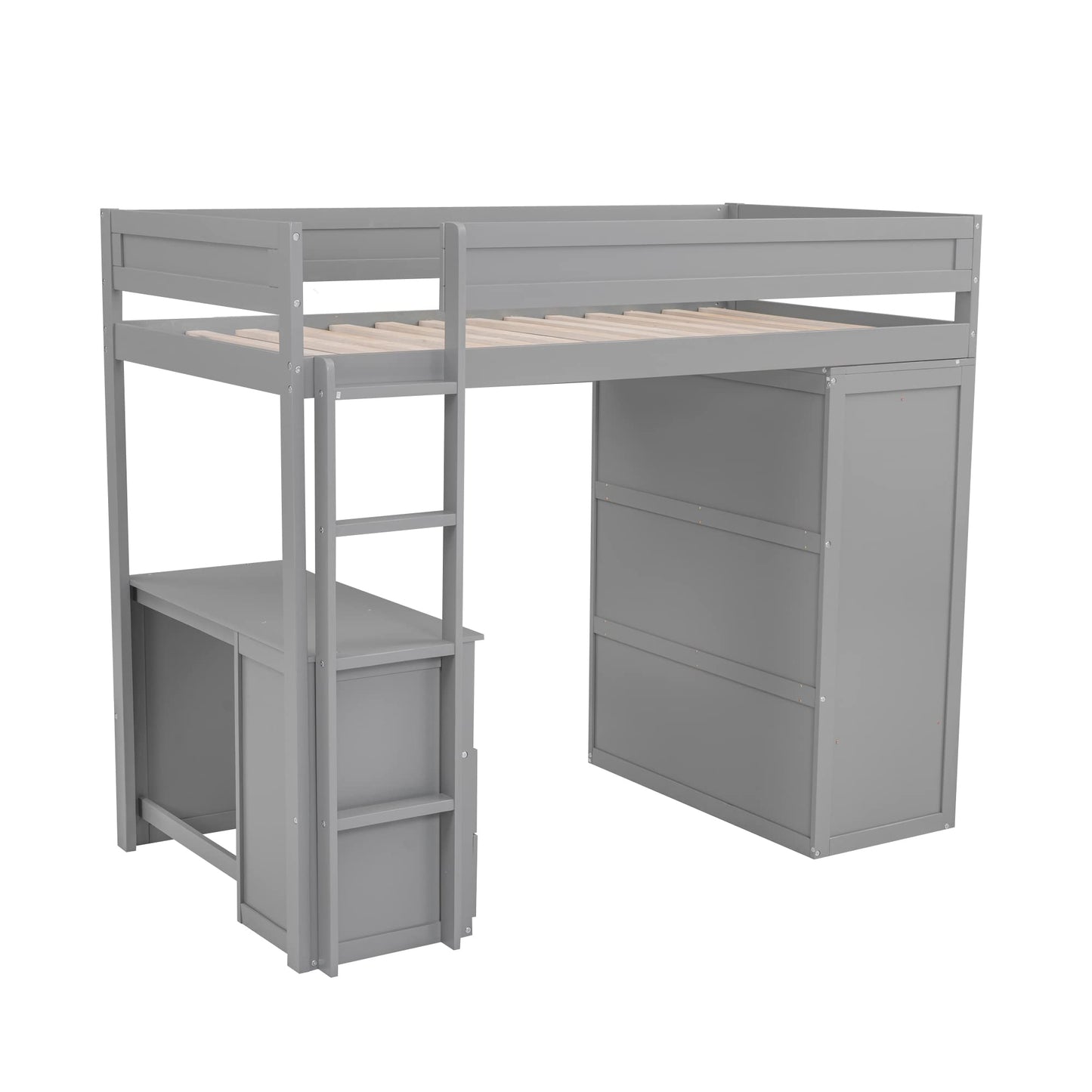Merax Loft Bed Twin with Desk and Wardrobe, Storage Design with Drawers & Cabinet, Wood Loft Bed Frame for Adult, Teen Girls & Boys(Grey)