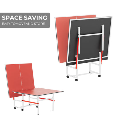 8FT Table Tennis Table with Net, Indoor/Outdoor Professional Ping Pong Table for Kids Adults, Folding Ping Pong Table, Complete Set with Paddles and Balls, School Playground Game Table (Red)
