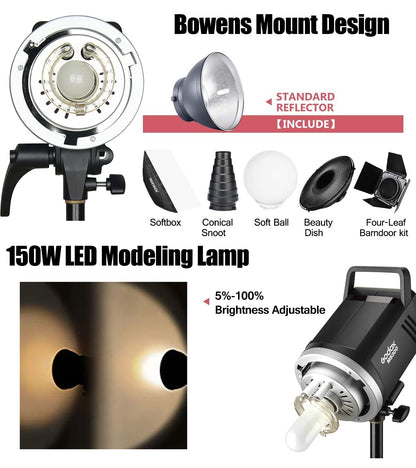 2pcs Godox MS300 600W Studio Strobe Flash Kit Bowens Mount Lighting,2.4G Wireless GN58 5600K Monolight with 150W Modeling Lamp,RT-16 Flash Trigger,Light Stands,Softbox,Umbrellas,Reflectors
