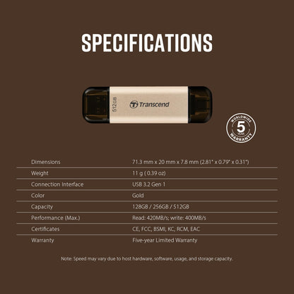 Transcend JF930 256GB Dual USB C Flash Drive for iPhone/iPad/Mac/Windows, Android/Tablet/PC/Gaming Console, Photo Stick Up to 420MB/s, USB 3.2 Thumb Drive, Memory Stick with 2-in-1 Type C &Type A