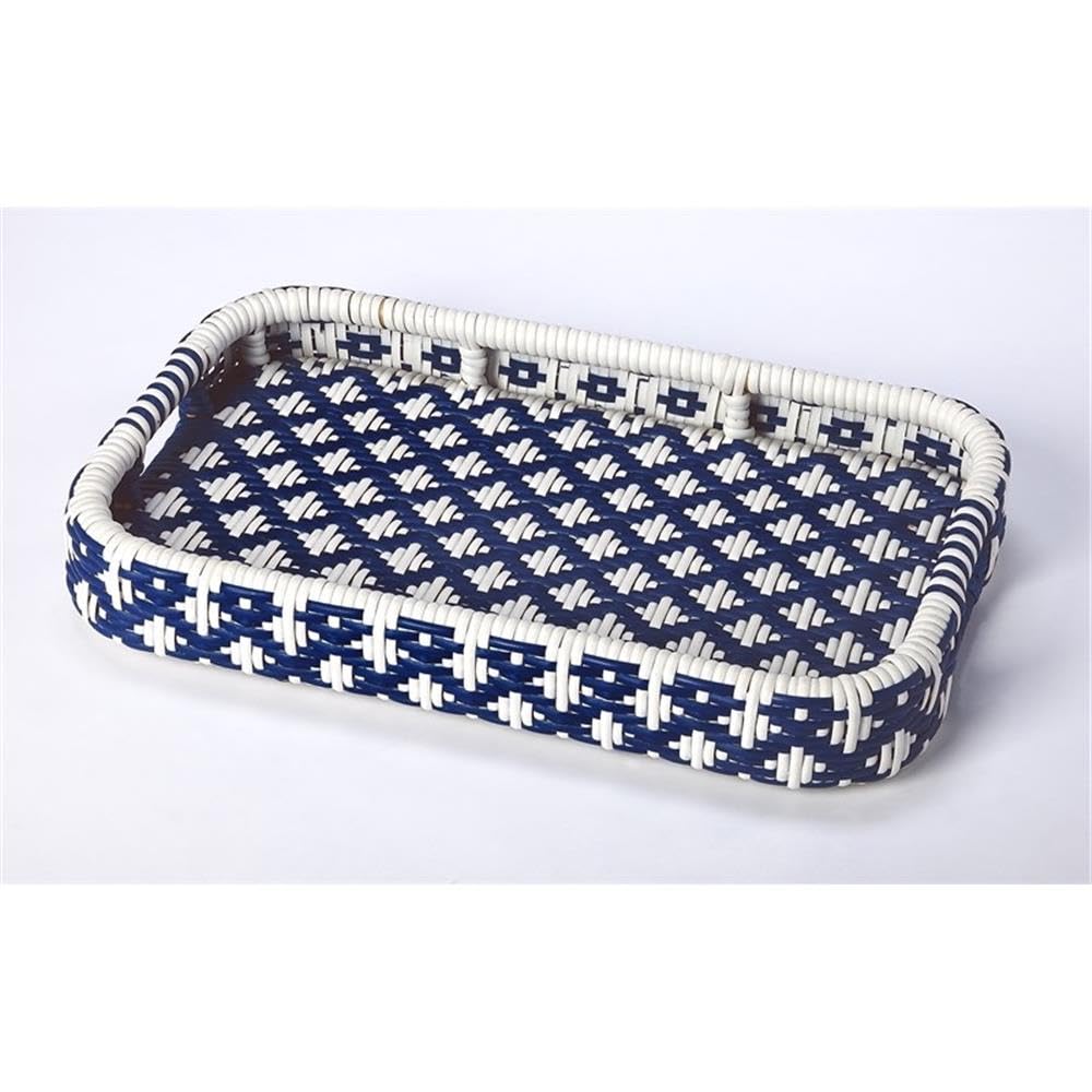 Beaumont Lane Rattan Bar Cart, Blue and White Finish, PE Plastic Weave with Casters, Removable Tray, 34.5 in Wide, Transitional Style Serving Cart for Entertaining
