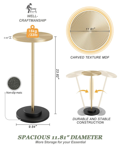 Round Side Table, Small Drink Table for Small Spaces, Modern Accent End Table with Metal Leg for Living Room, Bedroom, Corners, and Office (Gold)