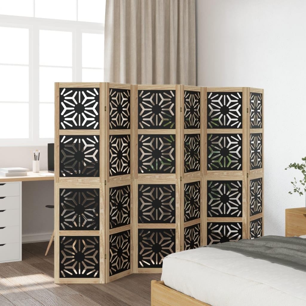 6 Panel Room Divider Brown Black Solid Paulownia Wood Frame Engineered Wood Privacy Screen Folding Partition for Bedroom Living Room Office