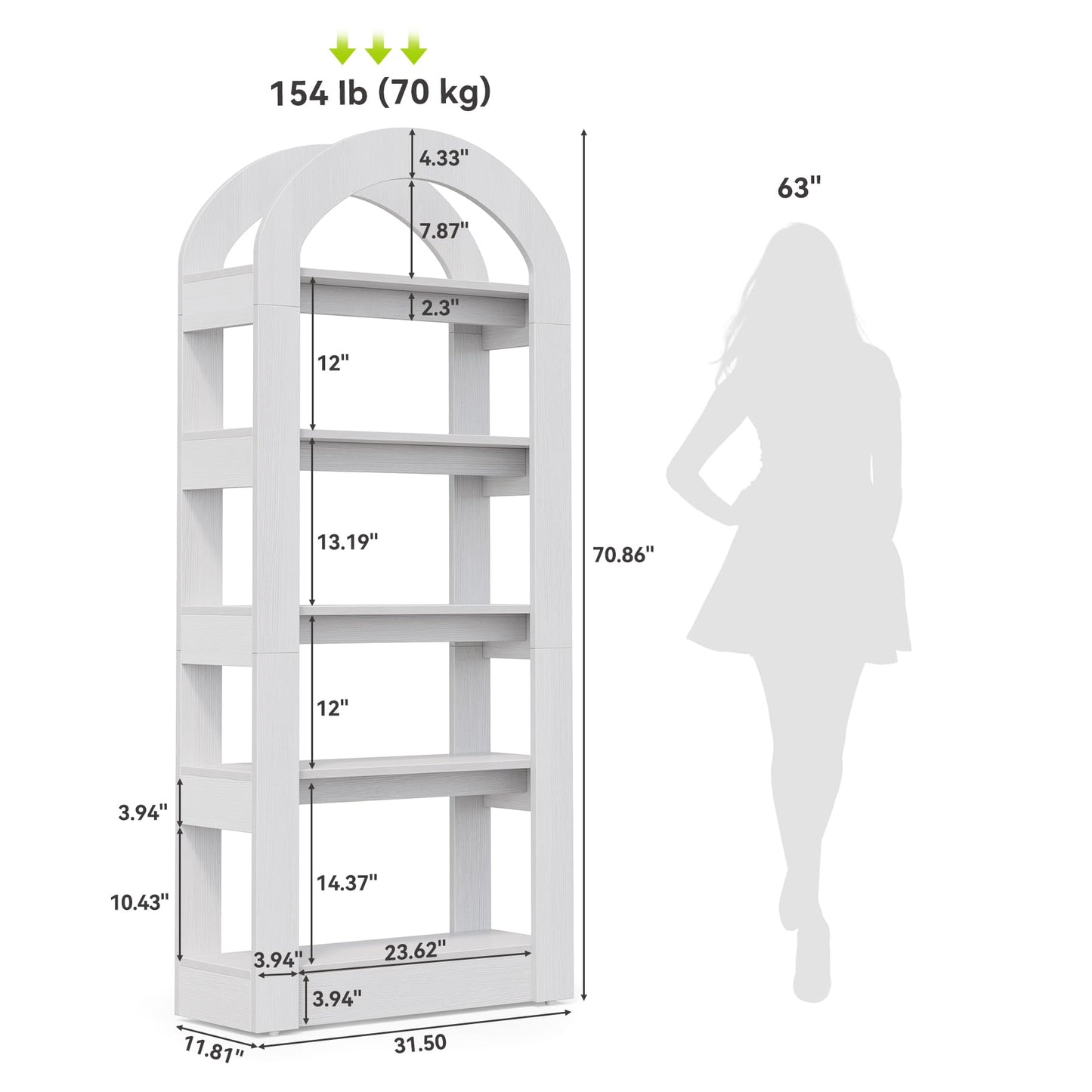 LITTLE TREE 5-Tier Bookshelf, Arch-Shaped Racks, Tall Standing Wooden Bookcase Display Shelf Modern Storage Solution (2, White)