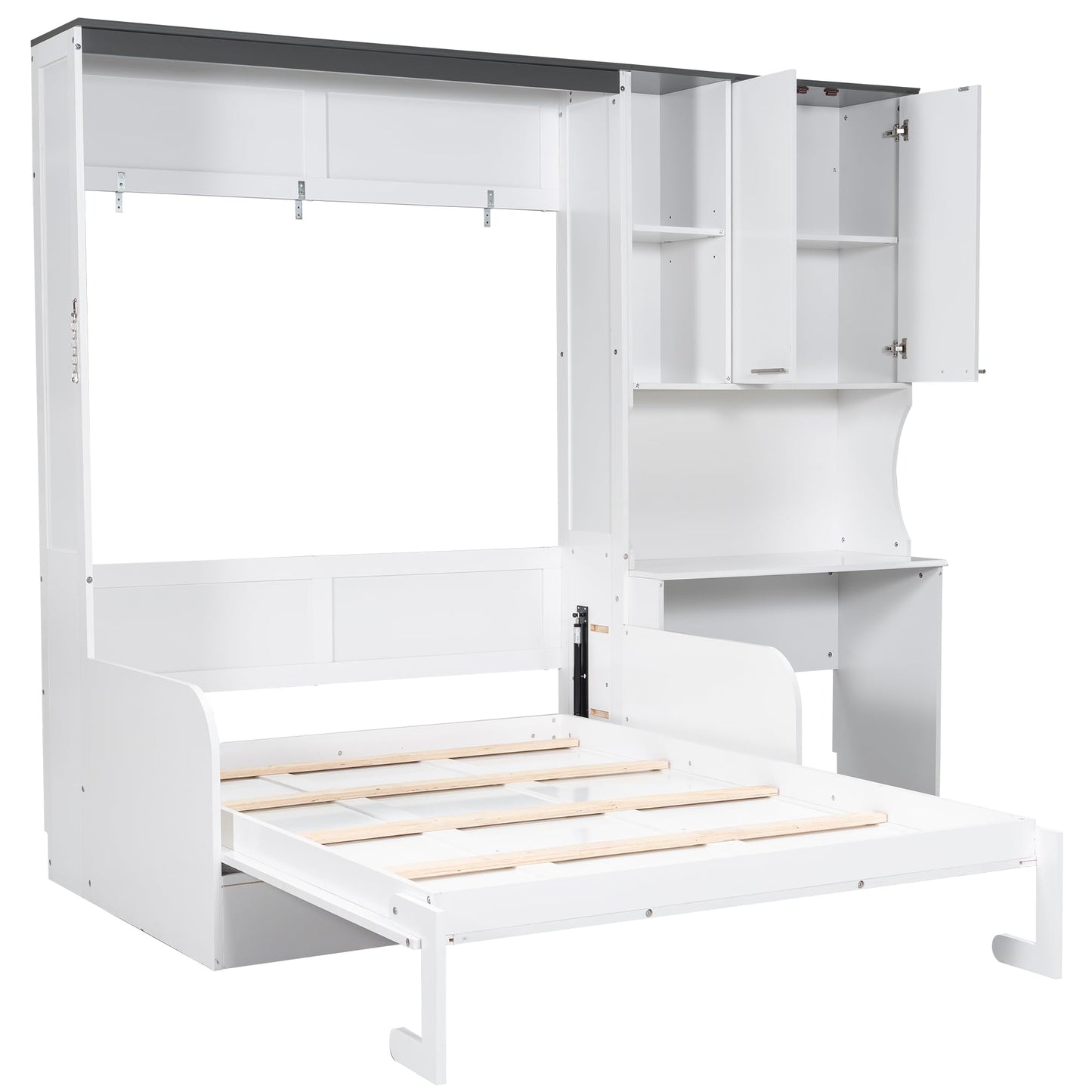 Merax Farmhouse Multi-Functional Murphy Bed with Sofa, Desk & Storage Cabinet,Solid Wood Foldable Wall Bed/Space Saving/No Box Spring Needed/Full,White + Gray