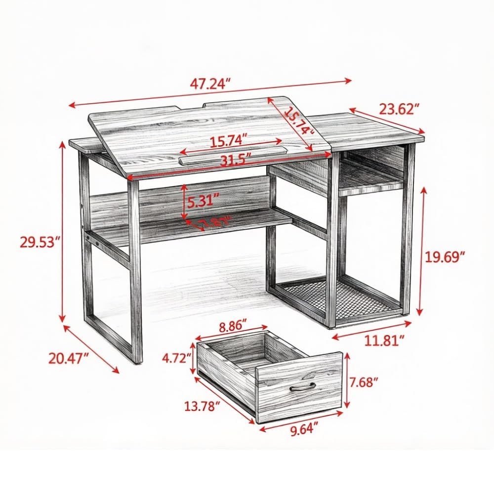 Drafting Table with Adjustable Drawing Board, Storage Drawer and Shelves, Wood and Metal, 47.24 x 23.62 x 29.53 Inch