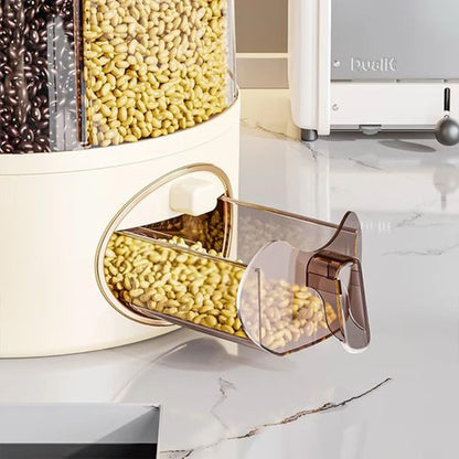 GSC Industries Premium 6-Grid Rotating Food Dispenser with Sealed Lid – 360° Rotation Grain Storage Container for Rice, Beans, Cereal, Peanuts, Barley, and More – Kitchen Pantry Organizer
