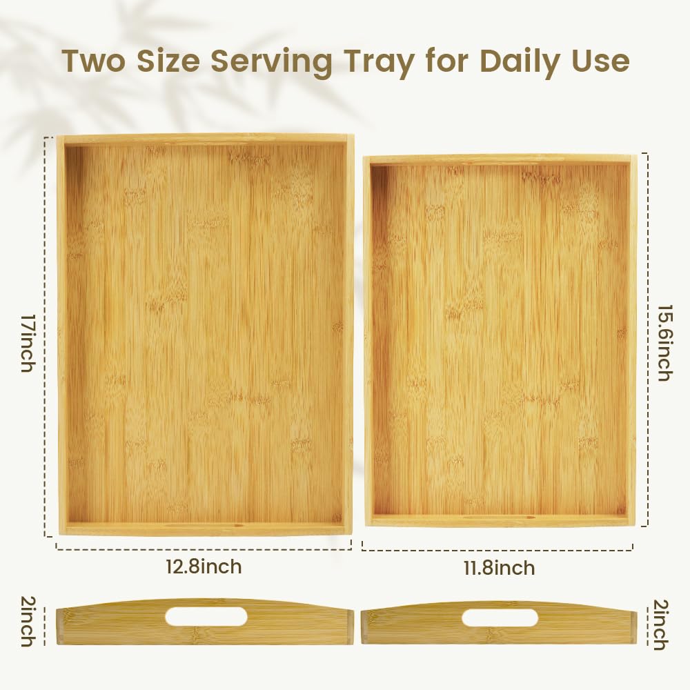 Bamboo Serving Tray with Handles - 2 Pack Wooden Food Tray for Breakfast in Bed, Eating, Decor and Storing - Decorative Trays Platter Use for Kitchen, Ottoman, Living Room, Party and Restaurant