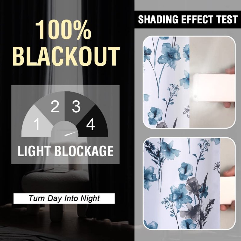 H.VERSAILTEX 100% Blackout Curtains 84 inch Length 2 Panels Set Cattleya Floral Printed Drapes Leah Floral Thermal Curtains for Bedroom with Black Liner Sound Proof Curtains, Grey and Blue