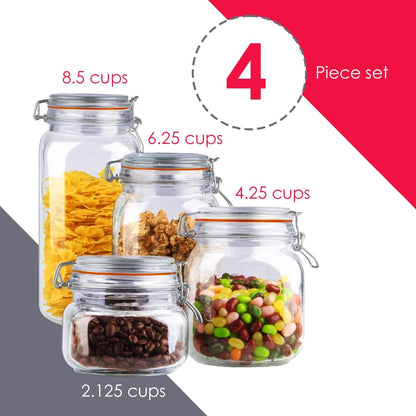 Home Basics 4 Piece Canister Set for Kitchen, Clear Glass with Metal Latches & Silicone Seals