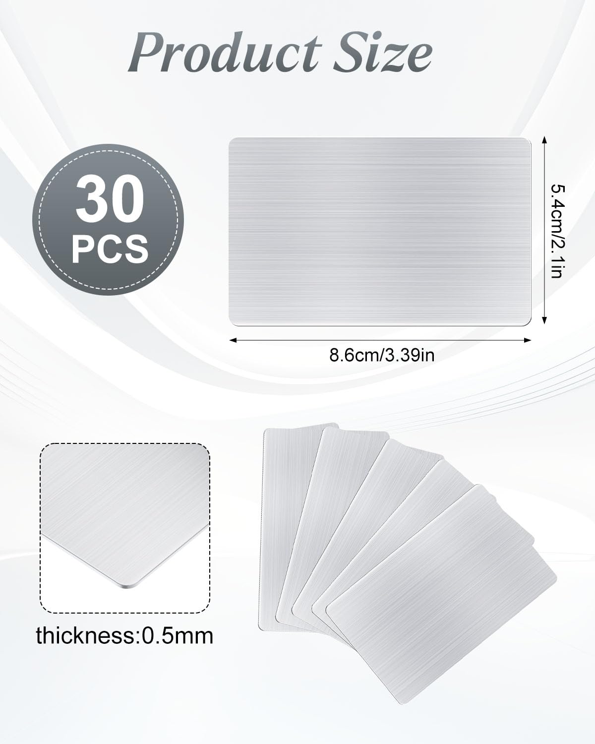 AOKLIT 30 pcs 304 Stainless Steel Metal Business Cards Blanks, 3.4 x 2.1 Inch Thickness 0.5 mm Metal Card Laser Engraving Steel Plates for Business House Customer DIY Gift