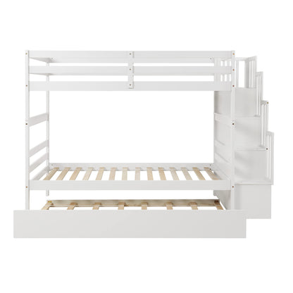 Twin Over Twin Bunk Bed with Trundle,Solid Wood Bunk Beds with Storage Stairs,Bunk Bed Twin Size with Stairs for Kids,Teens,Adults,White