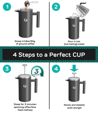 Coffee Gator 304 Grade Stainless Steel French Press Coffee Maker 34 oz, Double Wall Insulated Hot Cold Brew Teapot with 4-Level Filtration System, Include Travel Jar Canister, Kitchen, Gray