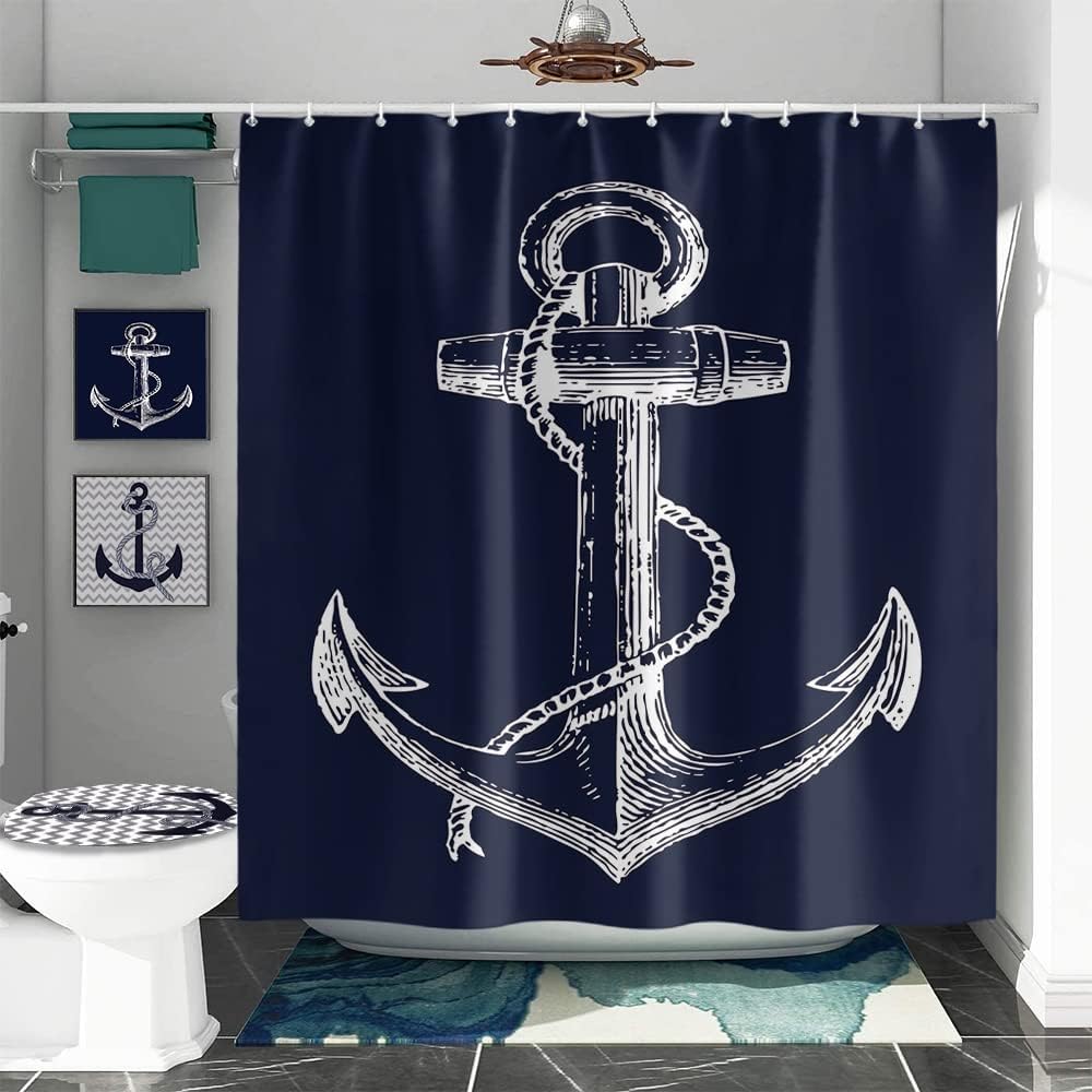 Custom Nautical Navy Blue Anchor Shower Curtain, 70x72 Inch