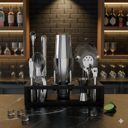 Highball & Chaser 13-Piece Boston Cocktail Shaker Set Stainless Steel Mixology Bartender Kit With Stand For Home Bar Cocktail Set | Laser Engraved Cocktail Tools | Plus E-Book with 30 Cocktail Recipes