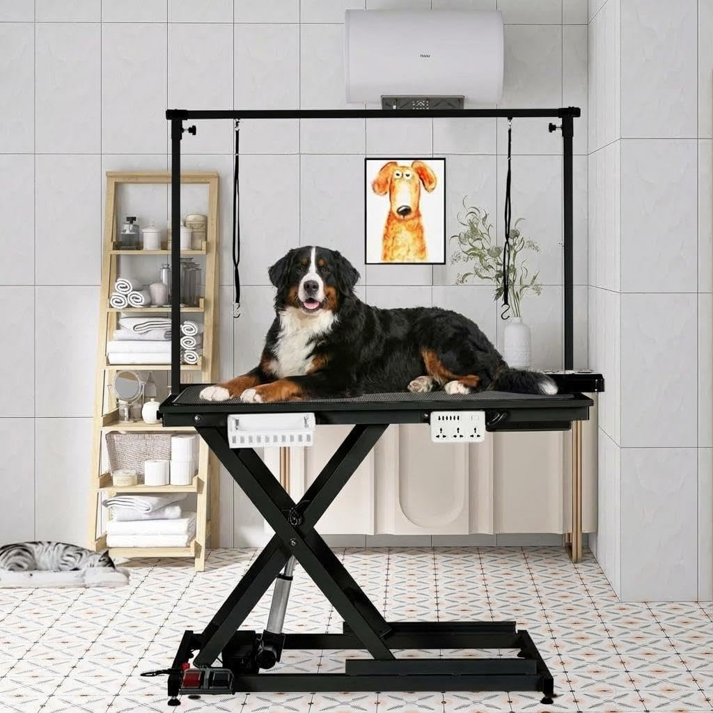 ExploreHorizon 50" Heavy Duty Dog Grooming Table with Aluminium Overhead Arm,Electric Hydraulic Grooming Table with 6 USB Ports for Large Dogs 300 LBS Foot Control