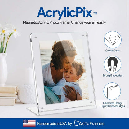 5x7 Acrylic Floating Picture Frame - Table Stand with Chrome Magnetic Front Cover, Made in The USA, Easily Change Photos