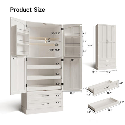 ONBRILL 71" Tall Farmhouse Kitchen Pantry Cabinet with 3 Pull Out Shelves & 2 Large Drawers, Pantry Storage Cabinet with 6 Door Shelf & Adjustable Shelf, Freestanding Cupboard for Kitchen, Dining Room