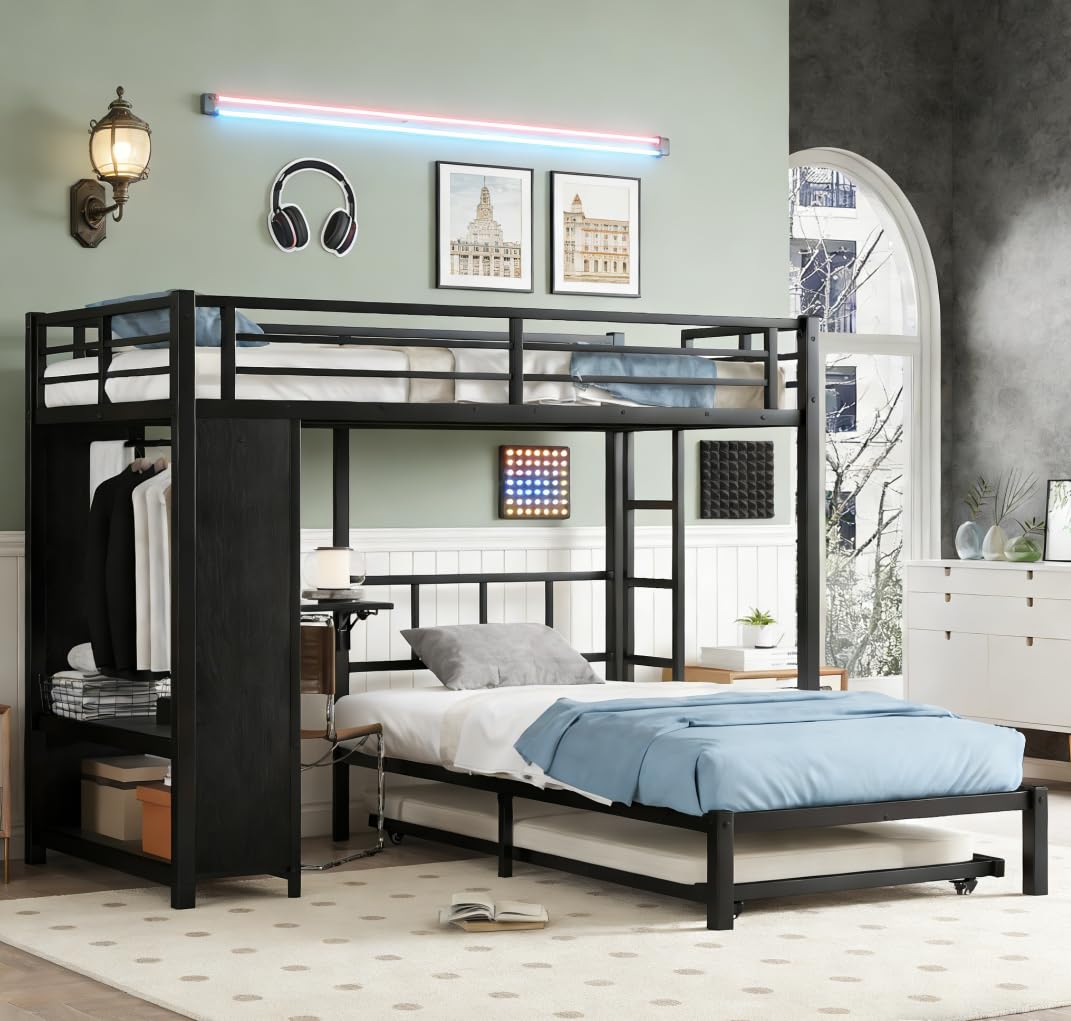 Bellemave Twin/Twin XL Over Twin XL bunk Bed with Foldable Desk and Wardrobe and Twin Trundle, loft Bed with Desk and Desk, Metal Bunk Beds with Storage, Black