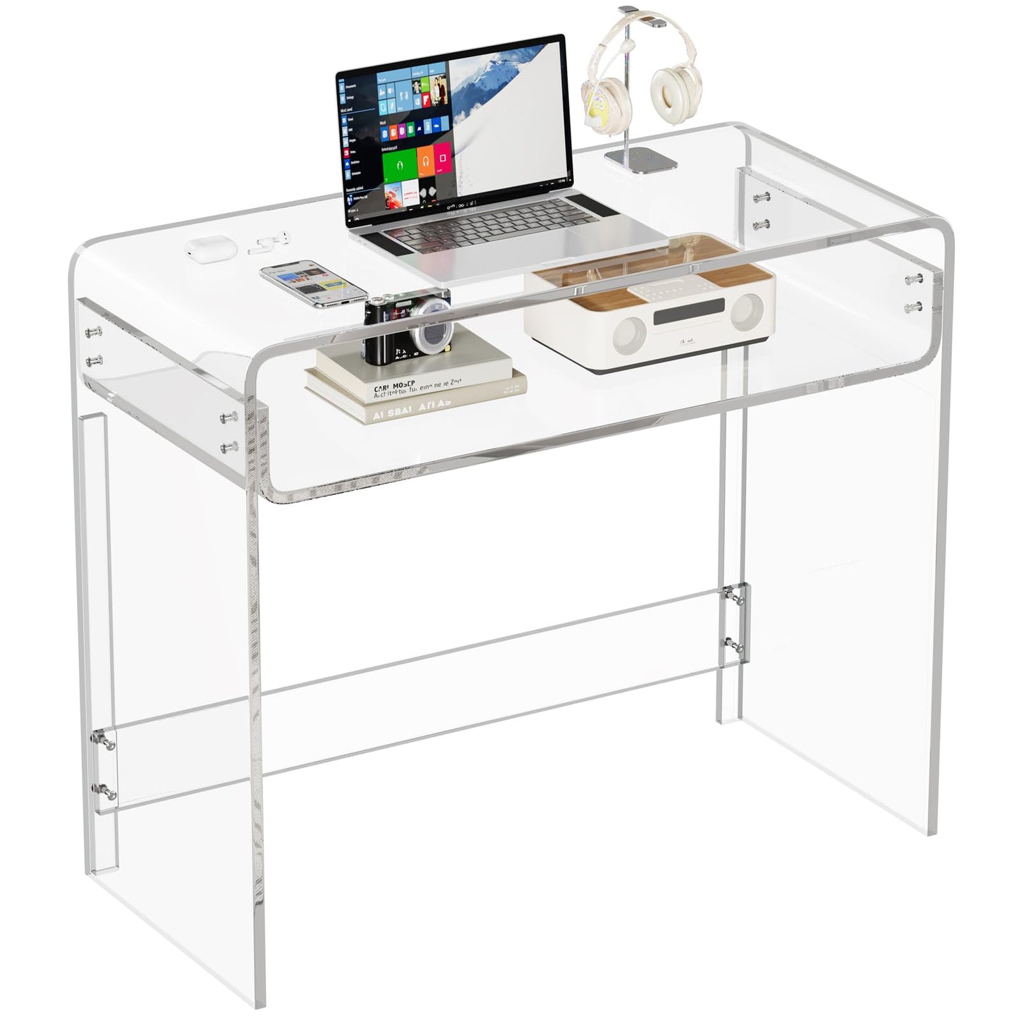 XOHYW Acrylic Office Desk, Modern Laptop Writing Study Table with Open Storage, Transparent Console Entryway Table, 33.5" L x 15.8" W x 29.5" H, for Home, Bedroom (Clear)