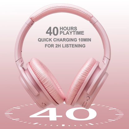 ZIHNIC Active Noise Cancelling Headphones, 40H Playtime Wireless Bluetooth Headset with Deep Bass Hi-Fi Stereo Sound,Comfortable Earpads for Travel/Home/Office (Rose Gold)